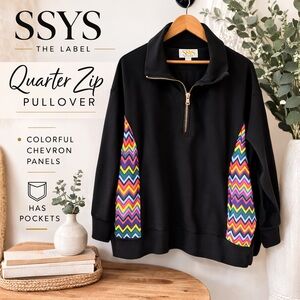 SSYS The Label Black Quarter Zip Pullover with Rainbow Chevron Panels Size XS